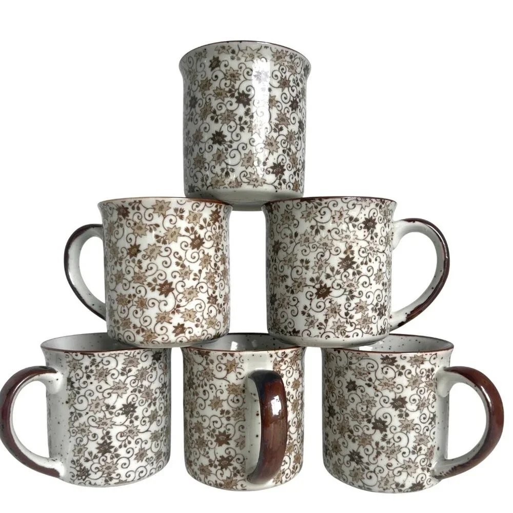 Chintz Calico Ceramic Coffee Mugs 6 Brown & White Earthtone Floral‎ Speckl
